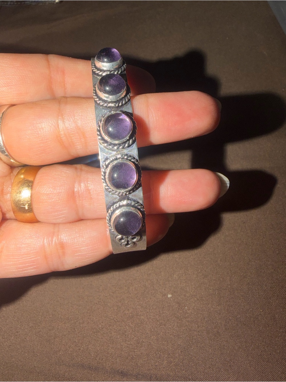 925Sterling Silver plated Amethyst Cabochon Cuff Bracelet